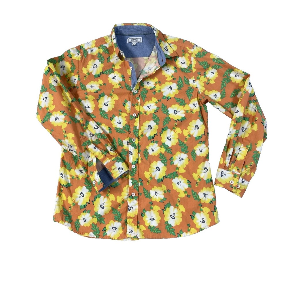 Smash Men's Med Long-Sleeve Button-Up Orange Floral Print Preppy Dress Shirt EUC